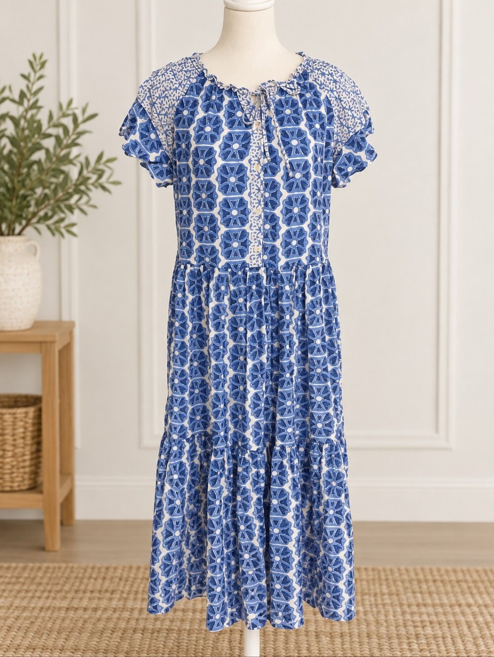 Vineyard Vines Harbor Tiered Ruffle Sleeve Dress Blue White Size S